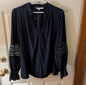 Chico's Navy Blouse With Ruffle V Neck And Beaded Long Sleeve